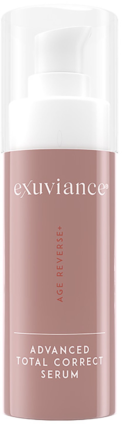Eine rosa Hautpflegeflasche mit der Aufschrift 'exuviance' für Altersumkehr mit 'advanced total correct serum.'