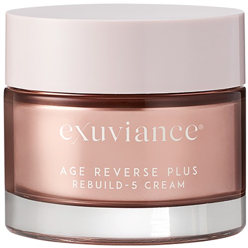 Ein Glas Exuviance Age Reverse Plus Rebuild-5 Cream, pink und weiß, mit rundem Deckel.