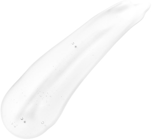 Ein klarer Gel oder Flüssigkeit mit kleinen Blasen und einer gebogenen Form, wahrscheinlich ein Hautpflege- oder Kosmetikprodukt.