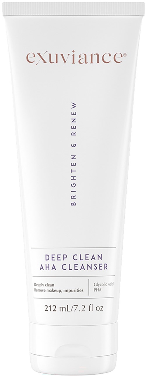 Ein weißer Tube mit roten und lila Texten, gekennzeichnet als Exuviance Deep Clean AHA Cleanser zur Make-up-Entfernung.