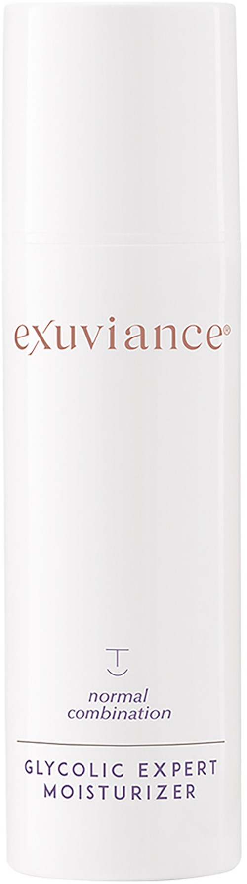 Eine weiße Flasche mit der Aufschrift 'exuviance' und 'glycolic expert moisturizer' für normale Haut. Einfaches, sauberes Design.