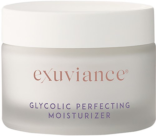 Ein weißer Behälter mit weißem Deckel, beschriftet 'exuviance' und 'Glycolic Perfecting Moisturizer.'