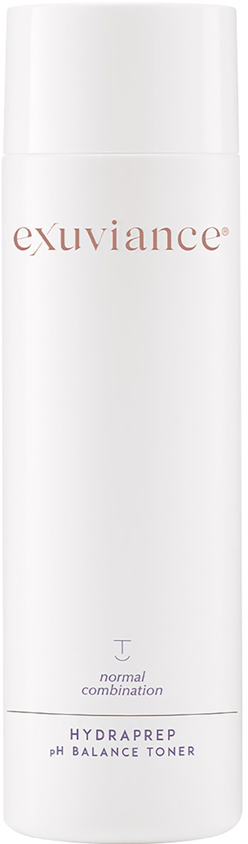 Eine weiße Flasche mit "exuviance" in rosa, gekennzeichnet als Toner für normale und Mischhaut.