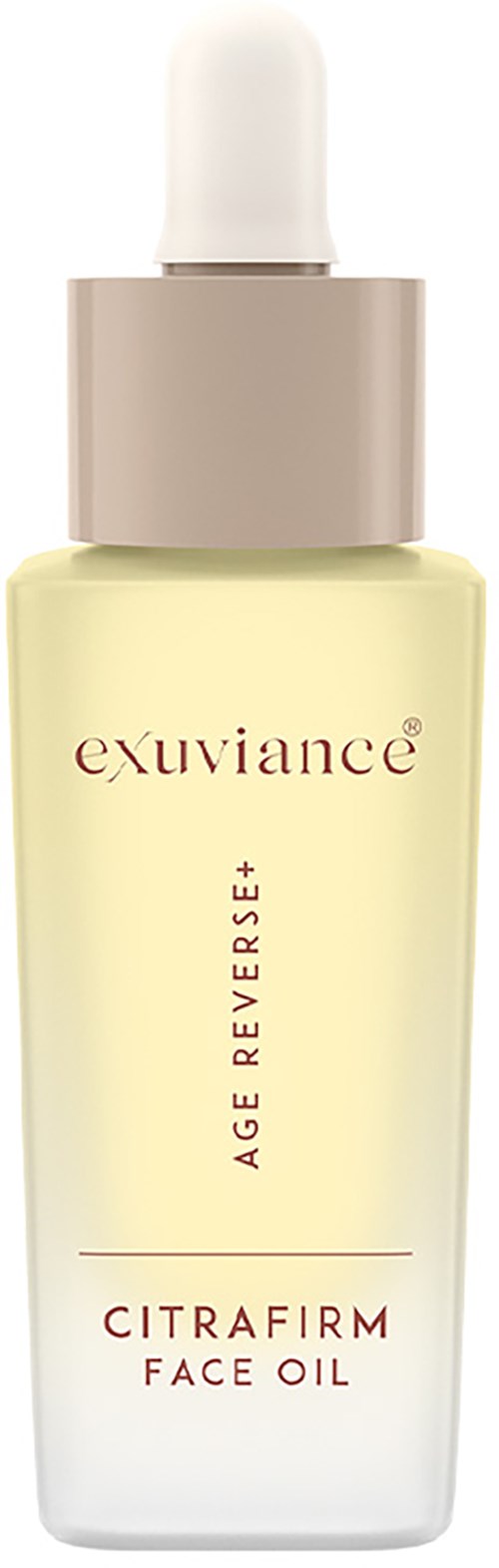 Eine Flasche Gesichtsöl mit Tropfer, beschriftet als Exuviance age reverse citrafirm face oil, ist zu sehen.