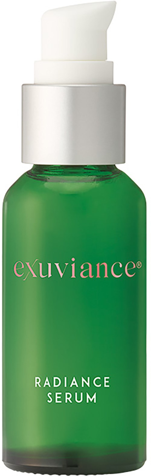 Eine grüne Flasche mit weißem Pumpkopf, beschriftet 'exuviance Radiance Serum'.