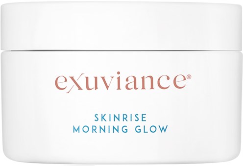 Ein weißer Behälter mit Deckel, beschriftet 'exuviance' und 'SKINRISE MORNING GLOW' für Hautpflege. Einfache Gestaltung.
