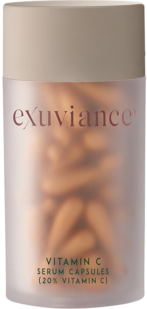 Eine Flasche Exuviance Vitamin C-Serum-Kapseln mit beigem Deckel, mit Kapseln darin.