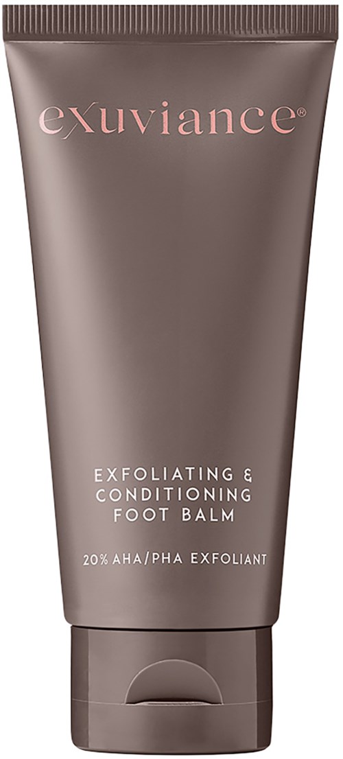 Ein grauer Tuben mit der Aufschrift 'exuviance' und Text über exfoliierenden und pflegenden Fußbalsam. Fokus auf Inhaltsstoffe wie 20 % AHA.