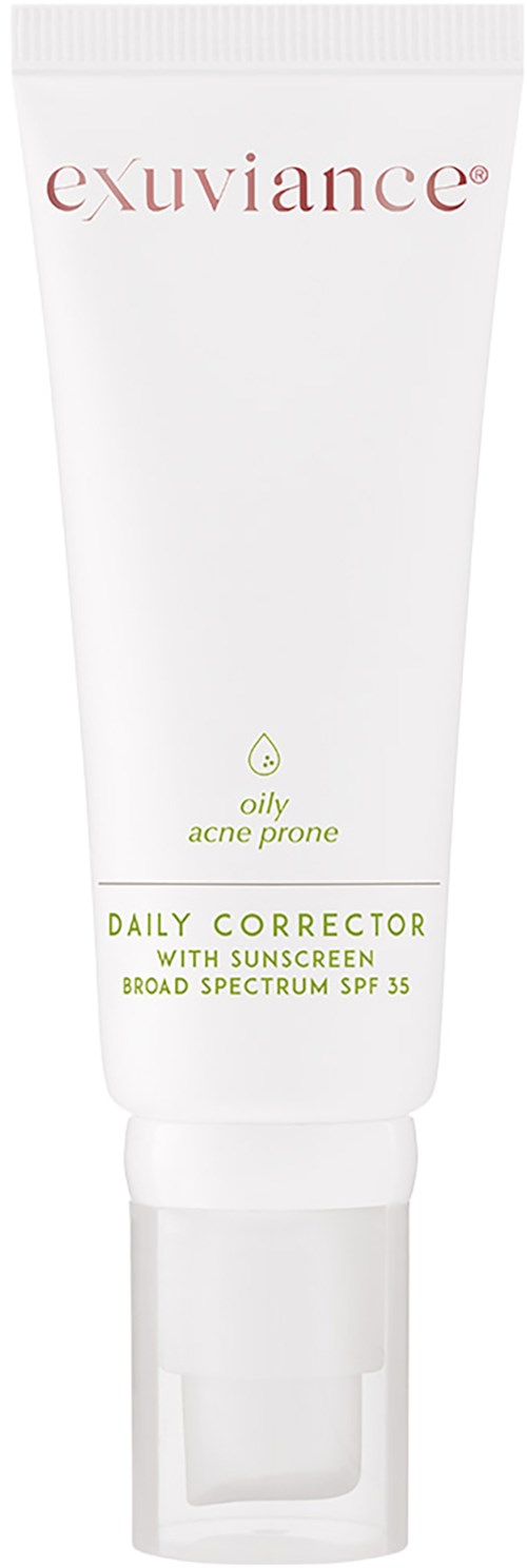 A white tube of skincare cream called Exuviance Daily Corrector for oily, acne-prone skin with SPF 35.