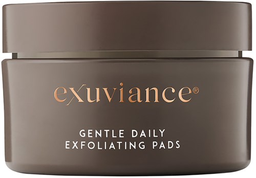 Ein Behälter mit Peelingspads, beschriftet 'exuviance' und 'gentle daily exfoliating pads.'