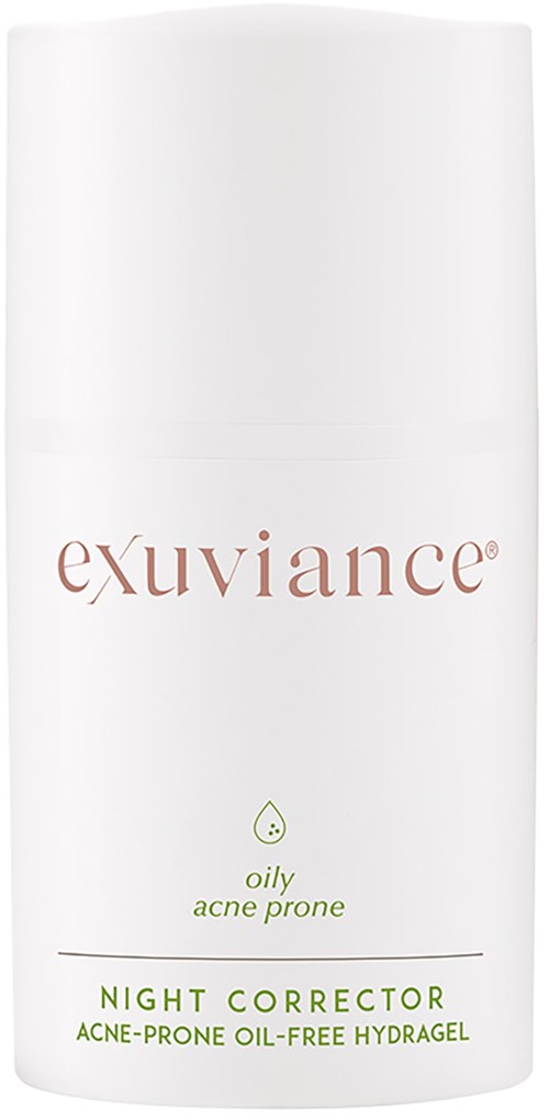 Eine weiße Flasche mit 'exuviance'-Beschriftung, grün- und brauntText, für ölige, akneanfällige Haut. Nachtpfleger.