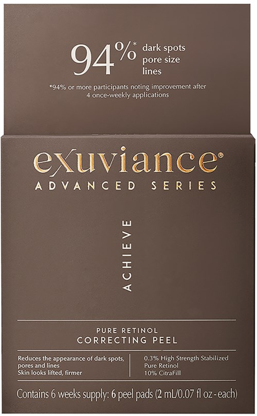 Verpackung eines Exuviance Hautpflegeprodukts gegen dunkle Flecken, Porengröße und Hautfestigkeit, mit sechs Pads.