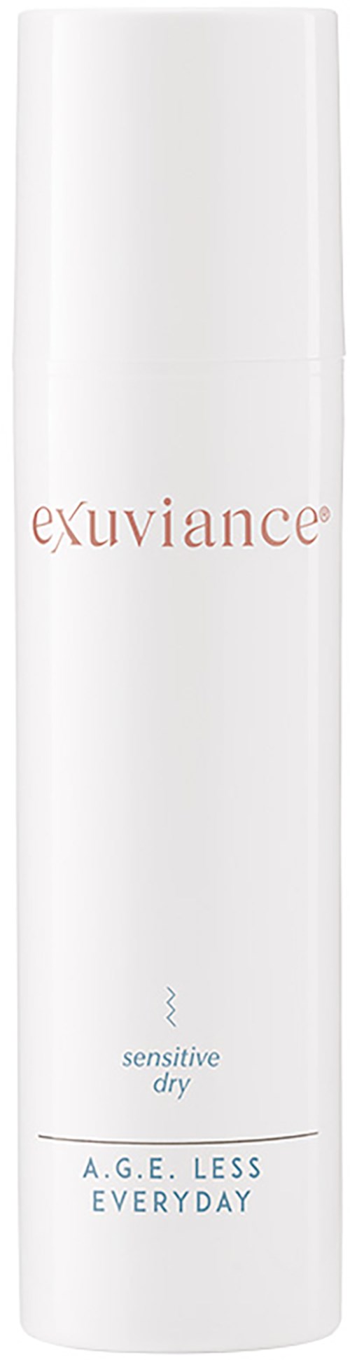 Eine weiße zylindrische Flasche mit Text, einschließlich 'exuviance,' 'sensitive dry,' und 'A.G.E. LESS EVERYDAY.'