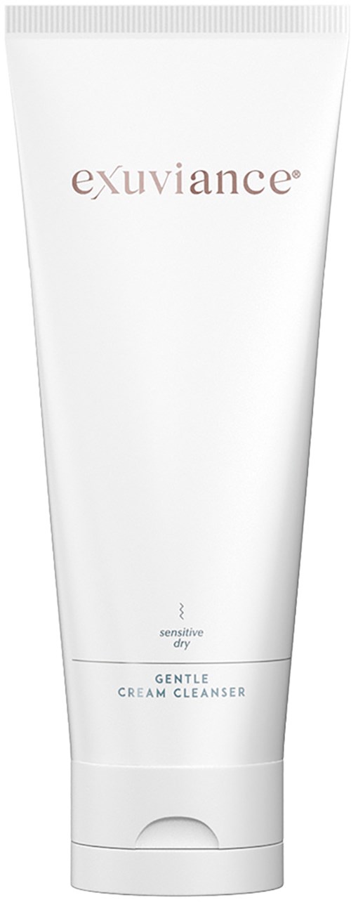 Eine weiße Tube mit der Aufschrift 'exuviance' und kleinerem Text 'Gentle Cream Cleanser' für empfindliche, trockene Haut.