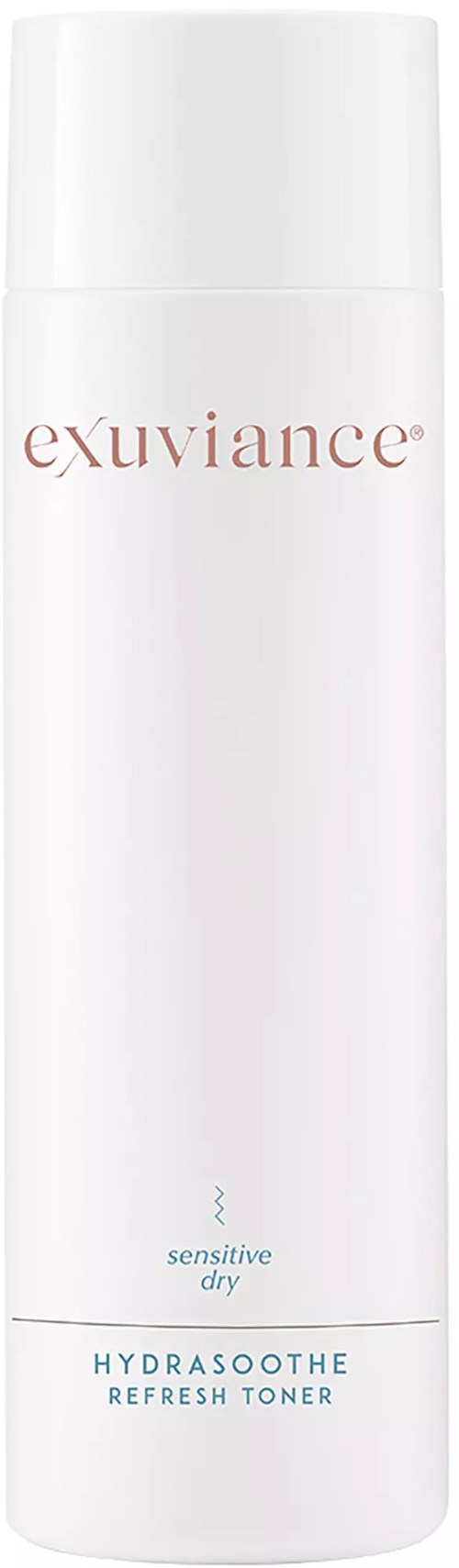 En vit flaska med varumärket Exuviance och orden sensitive dry Hydrasoothe Refresh Toner.