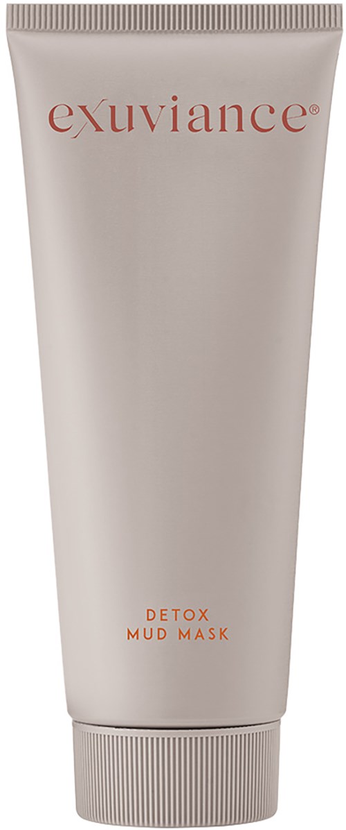 Een witte tube met 'exuviance' en 'DETOX MUD MASK' in oranje, voor huidverzorging.