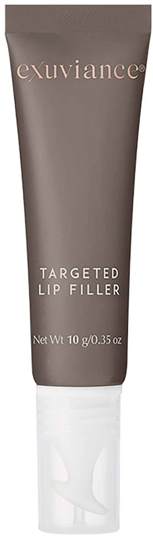 Eine braune Tube mit weißen Text, mit der Bezeichnung 'exuviance' und 'targeted lip filler,' enthält 10 g Lippenprodukt.