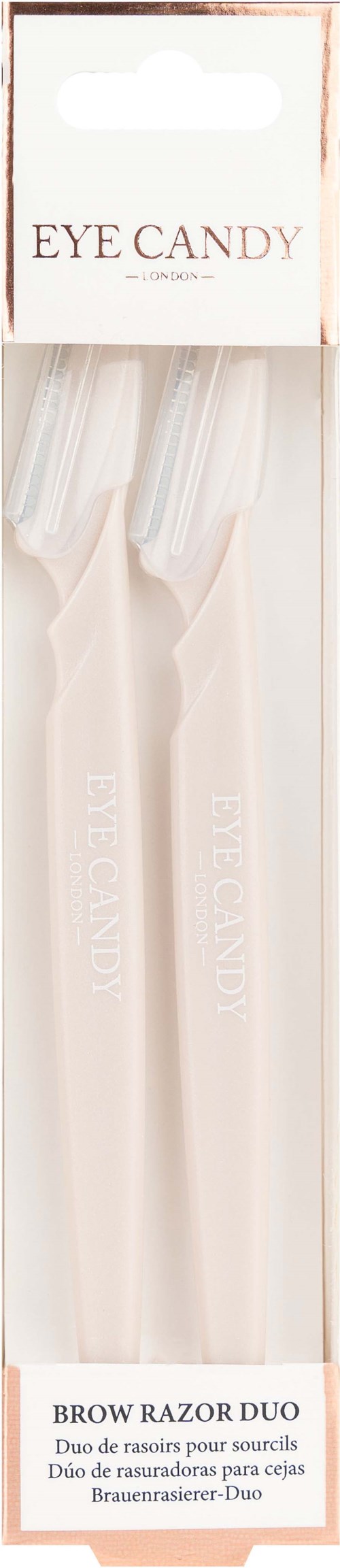Kaksi vaalean väristä kulmakarvanajaa läpinäkyvässä pakkauksessa, merkitty 'BROW RAZOR DUO', yläosassa ripustuskoukku.