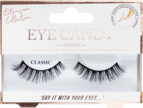 False eyelashes in a box labeled 'EYE CANDY London' from the 'Extension Collection'.