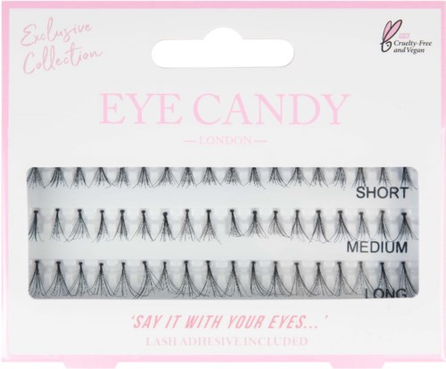 Tarvittavat tekoripset, kolme tyyppiä: lyhyt, keskipitkä ja pitkä, vaaleanpunaisessa pakkauksessa. Merkki 'Eye Candy' ja on cruelty-free.