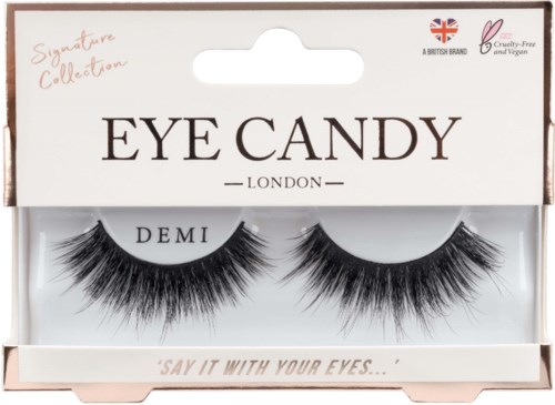 Kaksi parvia paksuja, pitkiä tekoripsiä laatikossa, jossa lukee 'Eye Candy London DELI'. Tarkasti aseteltu pakkaukseen.