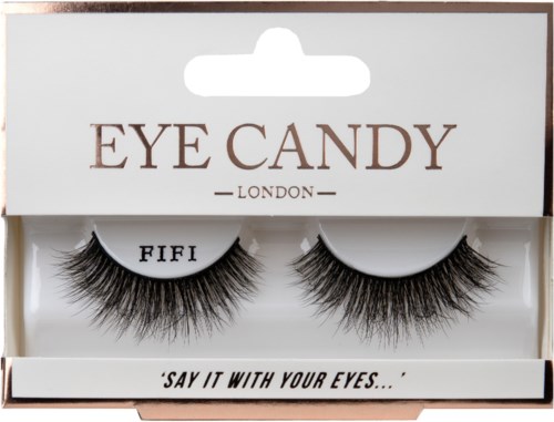 Ihossa feikkiripset, merkiltä EYE CANDY LONDON, ja sanat 'FIFI' ja silmiä koskeva iskulause.