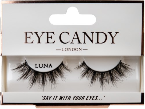 Koristeipit, joissa on pitkät, paksut, mustat säikeet, ja ne on pakattu laatikkoon, jossa lukee 'Eye Candy London' ja 'Luna'.