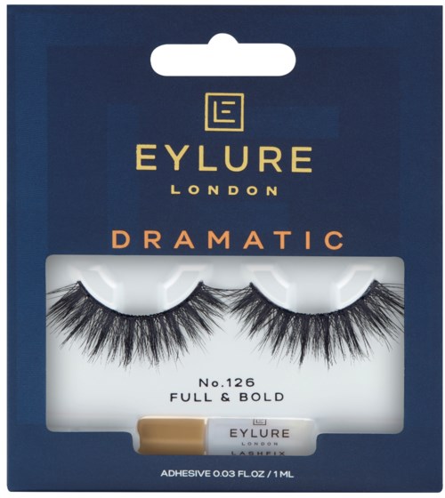 Eylure London Wimpernverpackung mit blauem Hintergrund, goldener Akzentuierung und fettem Text. Enthält falsche Wimpern und Kleber.