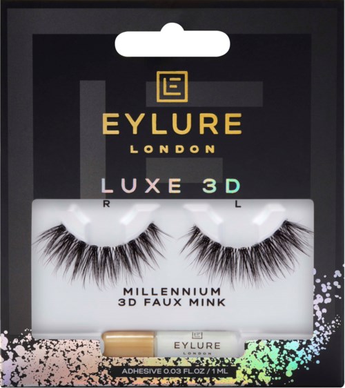 False eyelashes in packaging labeled 'EYLURE LONDON LUXE 3D MILLENNIUM 3D FAUX MINK' with adhesive tube.