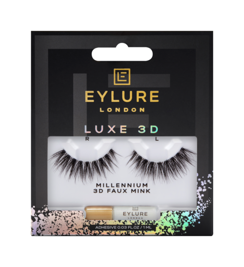 Lash set with black and white packaging, gold tube, and colorful accents, labeled 'Millennium 3D Faux Mink' by Eylure.