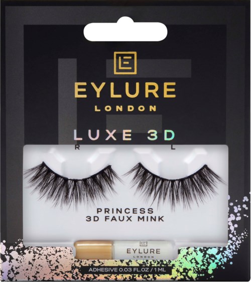 Eylure London Princess 3D Faux Mink false eyelashes in black, with packaging showing brand name and product details.