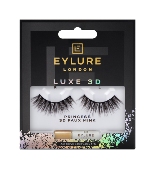 Lash set with black and white packaging, includes false eyelashes labeled Princess 3D Faux Mink, and a small tube of adhesive.
