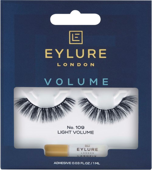 False eyelashes in a blue and gold box, labeled Eylure London, volume, light, No. 109.