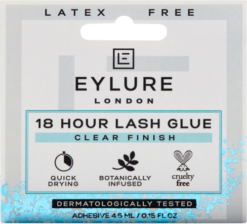 Clear, light blue label for eyelash glue with quick drying, botanically infused, cruelty-free, 18-hour hold, dermatologically tested.