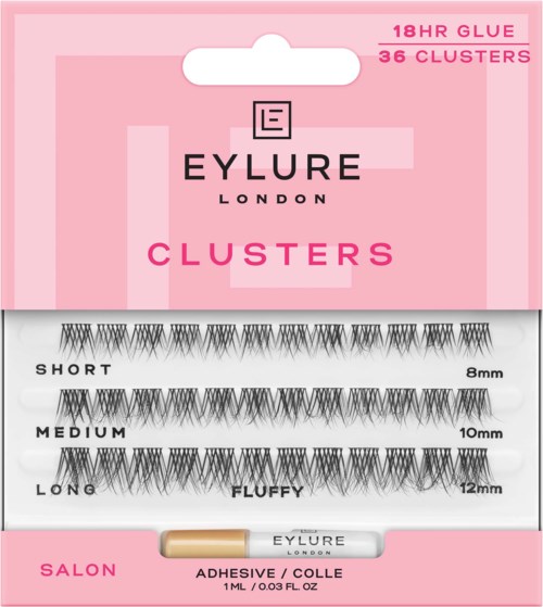 Cosmetic eyelash clusters with short, medium, long, and fluffy styles in a pink packaging. Includes 36 clusters.