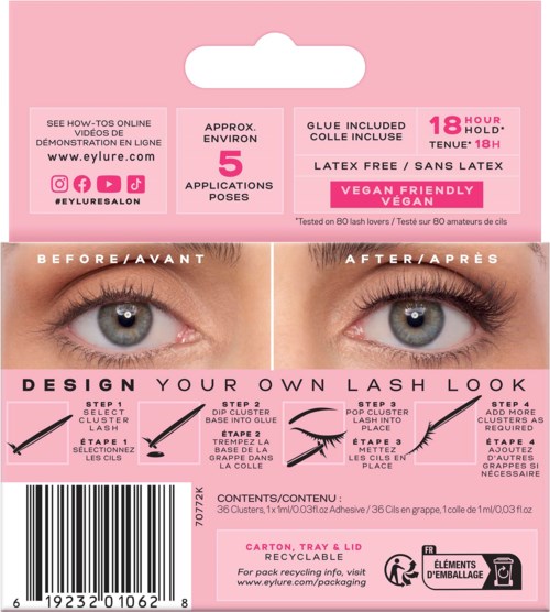 Falsies eyelash cluster kit for a natural look, with instructions and images before and after application, in pink packaging.