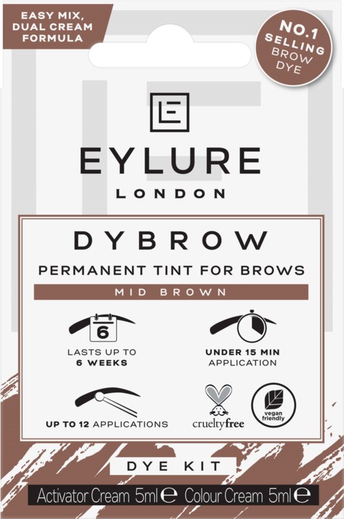 EyLure London Dy Brow permanent tint kit for brows in mid brown, lasts up to 6 weeks, quick application, cruelty-free.