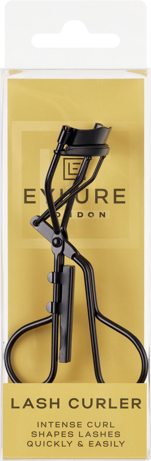 A black eyelash curler in packaging with the brand name 'EYESURE LONDON' and description 'Lash Curler'.