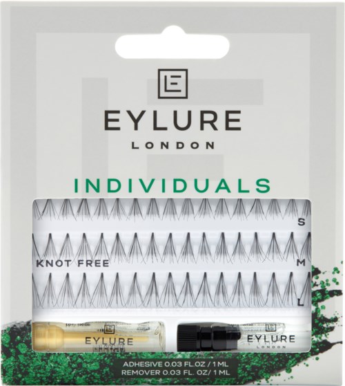 EyLure London Einzelwimpern, knotenfrei, im Paket mit Kleber und Entferner. Grüne und schwarze Schrift.