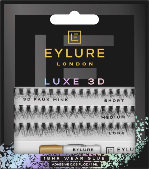 A display of fake mink eyelashes in various lengths with a brand name Eylure London and 3D Luxe 3D branding.