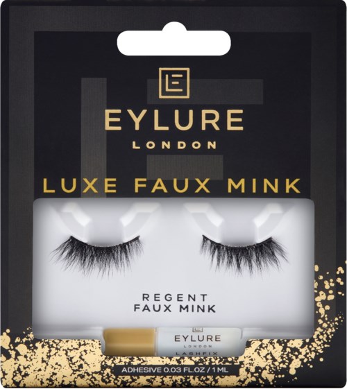Box med svarta konstgjorda minkögonfransar med guldig och svart förpackning, märkt 'Luxe Faux Mink' och 'Eylure London.'
