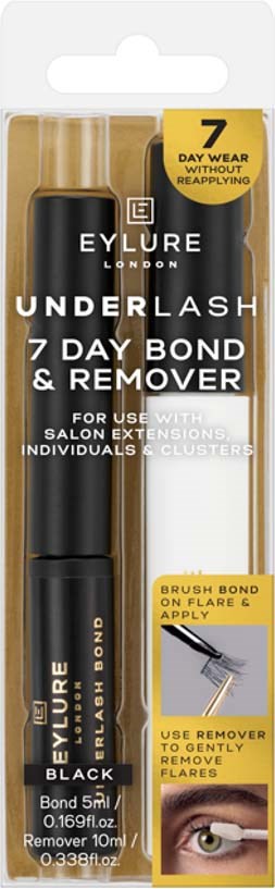 A black eyelash glue tube in clear packaging with text about 7-day bonding and removal. Contains a brush applicator.