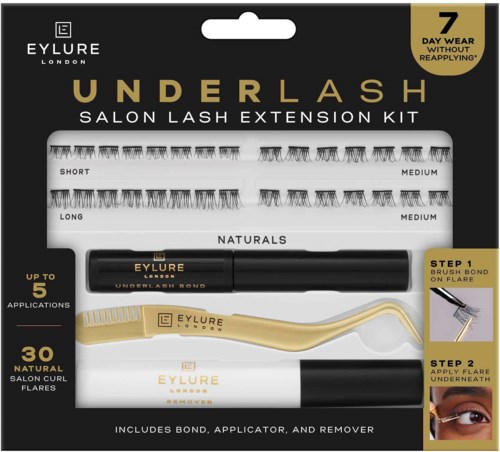 EYLURE London underlash salon lash extension kit includes multiple lash styles, a brush, adhesive, and remover for natural, long, and short lashes.