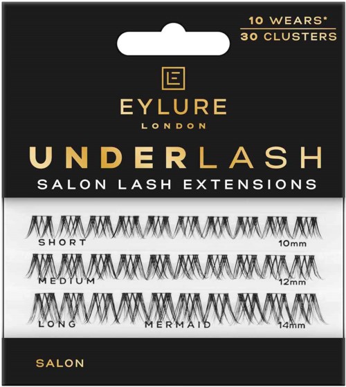 Box showing different lengths of eyelash extensions: short, medium, long, mermaid. Branding for Eylure London.