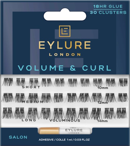 Eylure London Volumen- und Locken-Künstliche Wimpern, kurz und lang, in blauer Verpackung.