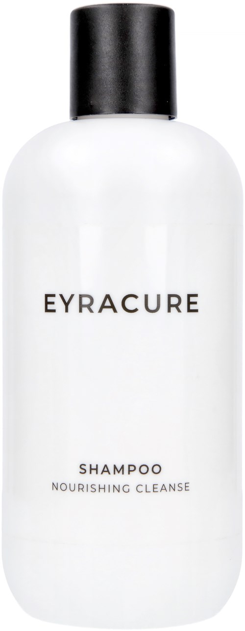 Valkoinen shampoolasi, jossa on musta korkki ja teksti 'EYRACURE' ja 'Nourishing Cleanse.'