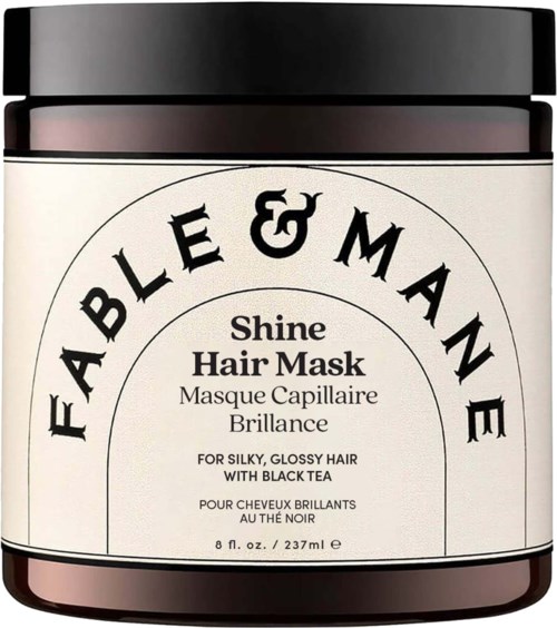 Fable & Man Shine Hårmask i en svart burk med vit etikett, för glänsande hår med svart te. 237 ml.