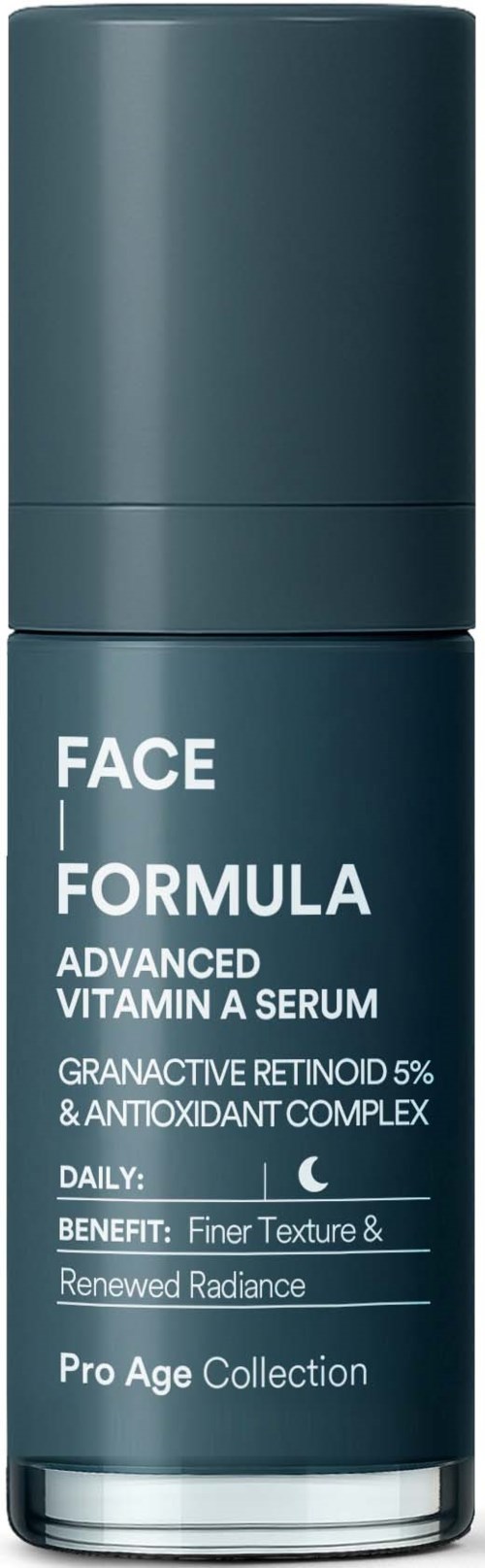 A dark green bottle labeled Face Formula Advanced Vitamin A Serum from Pro Age Collection. It mentions benefits for skin texture and radiance.