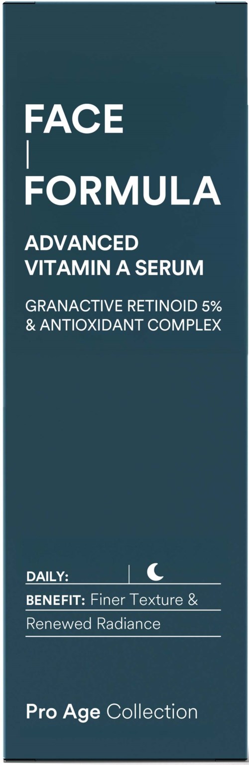 A dark blue label mentions face formula with vitamin A serum, retinoid, and antioxidant complex. It suggests use at night.