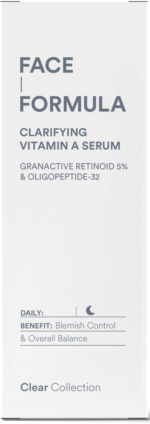 En hudvårdsproduktförpackning för ansiktsserum med vitamin, klaringsformel och fördelar för finnar.